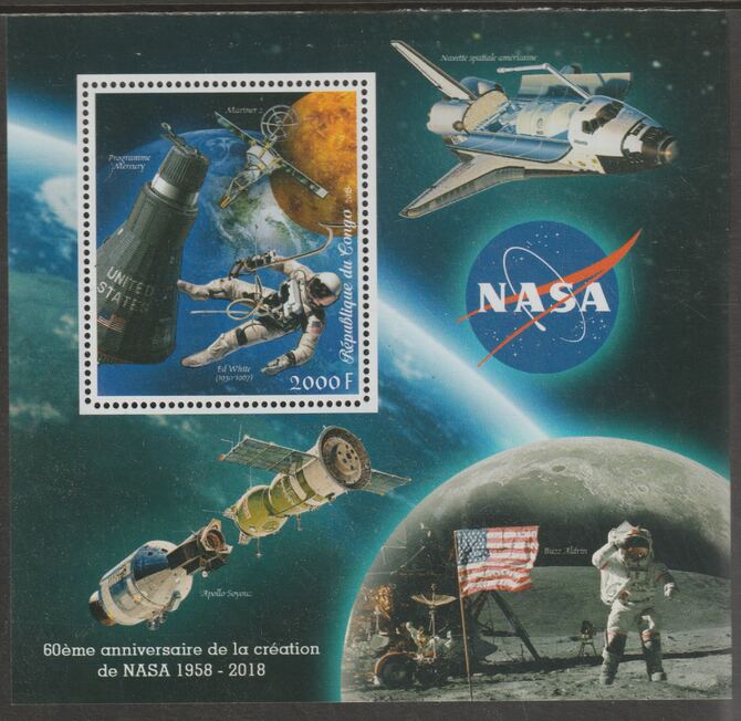 Congo 2018 NASA 60th Anniversary #2 perf sheet containing one value unmounted mint, stamps on , stamps on  stamps on space, stamps on  stamps on nasa, stamps on  stamps on apollo, stamps on  stamps on shuttle