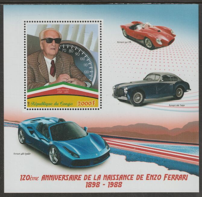Congo 2018 Enzo Ferrari #1 perf sheet containing one value unmounted mint, stamps on personalities, stamps on ferrari, stamps on cars