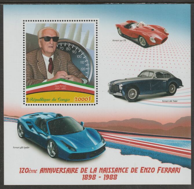 Congo 2018 Enzo Ferrari #1 perf sheet containing one value unmounted mint, stamps on , stamps on  stamps on personalities, stamps on  stamps on ferrari, stamps on  stamps on cars