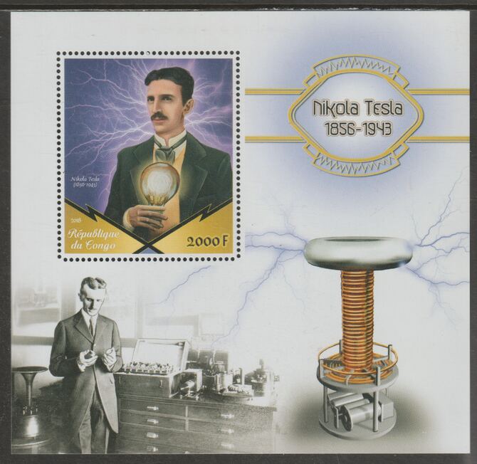 Congo 2018 Nikola Tesla #1 perf sheet containing one value unmounted mint, stamps on , stamps on  stamps on personalities, stamps on  stamps on tesla, stamps on  stamps on electricity