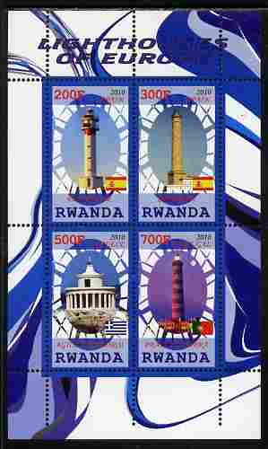 Rwanda 2010 Lighthouses of Europe #2 perf sheetlet containing 4 values unmounted mint, stamps on lighthouses