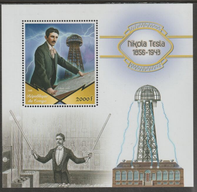 Congo 2018 Nikola Tesla #2 perf sheet containing one value unmounted mint, stamps on , stamps on  stamps on personalities, stamps on  stamps on tesla, stamps on  stamps on electricity