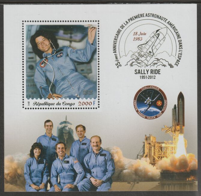 Congo 2018 Sally Ride - Astronaut #1 perf sheet containing one value unmounted mint, stamps on personalities, stamps on space, stamps on ride, stamps on astronauts, stamps on shuttle