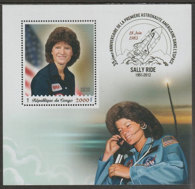Congo 2018 Sally Ride - Astronaut #2 perf sheet containing one value unmounted mint, stamps on personalities, stamps on space, stamps on ride, stamps on astronauts, stamps on shuttle