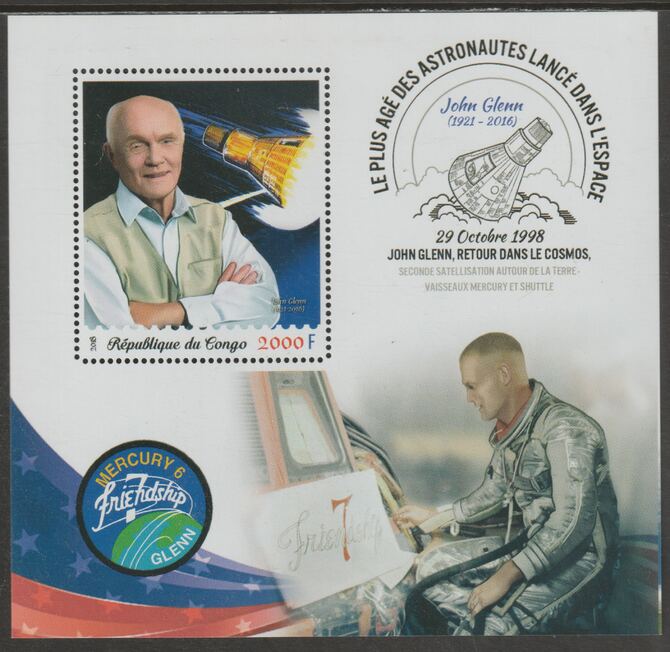 Congo 2018 John Glenn - Astronaut #1 perf sheet containing one value unmounted mint, stamps on , stamps on  stamps on personalities, stamps on  stamps on space, stamps on  stamps on glenn, stamps on  stamps on astronauts, stamps on  stamps on 