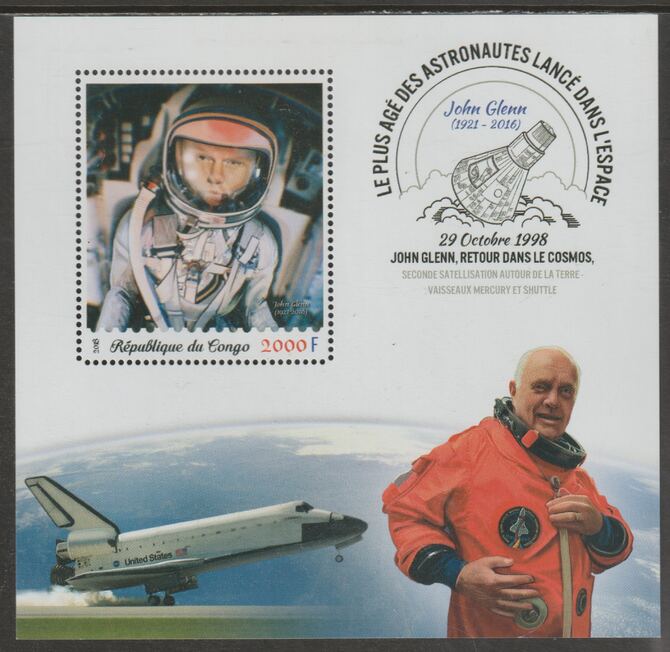 Congo 2018 John Glenn - Astronaut #2 perf sheet containing one value unmounted mint, stamps on , stamps on  stamps on personalities, stamps on  stamps on space, stamps on  stamps on glenn, stamps on  stamps on astronauts, stamps on  stamps on shuttle