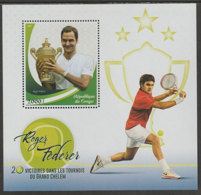Congo 2018 Roger Federer - Tennis #1 perf sheet containing one value unmounted mint, stamps on personalities, stamps on federer, stamps on tennis