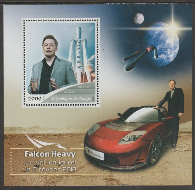 Congo 2018 Space - Falcon Heavy #1 perf sheet containing one value unmounted mint, stamps on space, stamps on falcon heavy, stamps on 
