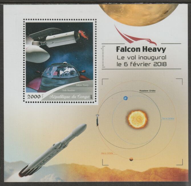 Congo 2018 Space - Falcon Heavy #2 perf sheet containing one value unmounted mint, stamps on , stamps on  stamps on space, stamps on  stamps on falcon heavy, stamps on  stamps on 