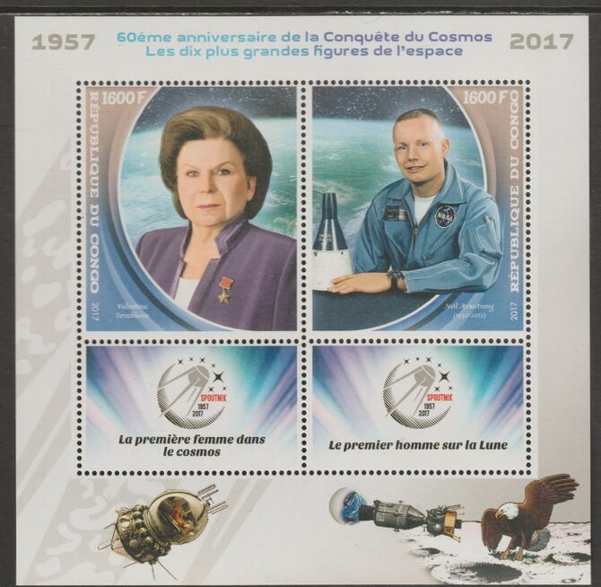Congo 2017 Space Conquest - 60 years #2 perf sheet containing two values plus two labels unmounted mint, stamps on , stamps on  stamps on space, stamps on  stamps on personalities, stamps on  stamps on 