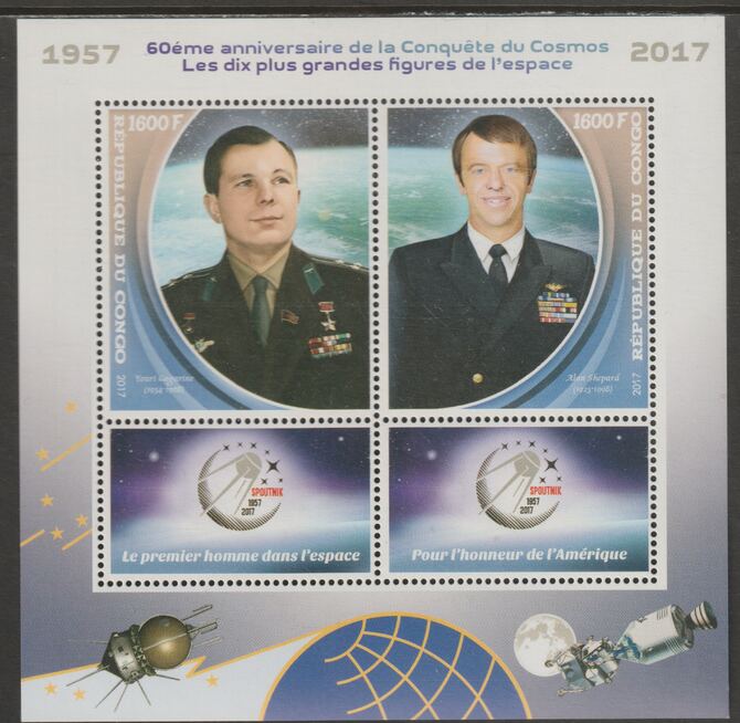 Congo 2017 Space Conquest - 60 years #4 perf sheet containing two values plus two labels unmounted mint, stamps on , stamps on  stamps on space, stamps on  stamps on personalities, stamps on  stamps on 