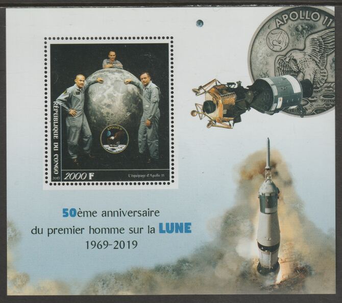 Congo 2019 Moon Landing 50th Anniversary perf sheet containing one value unmounted mint, stamps on , stamps on  stamps on space, stamps on  stamps on apollo, stamps on  stamps on moon, stamps on  stamps on rockets