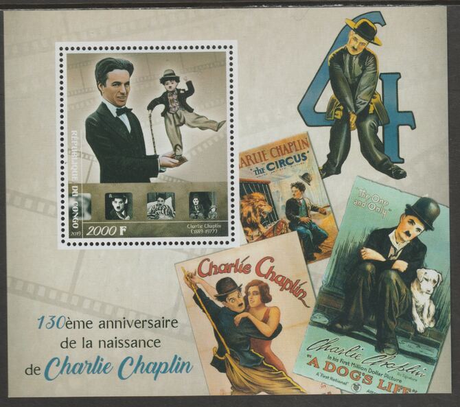 Congo 2019 Charlie Chaplin 130th Birth Anniversary perf sheet containing one value unmounted mint, stamps on , stamps on  stamps on personalities, stamps on  stamps on chaplin, stamps on  stamps on films, stamps on  stamps on cinema, stamps on  stamps on movies