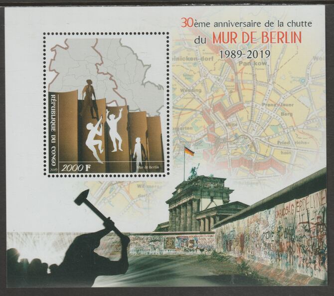 Congo 2019 Berlin Wall 30thAnniversary perf sheet containing one value unmounted mint, stamps on maps, stamps on 