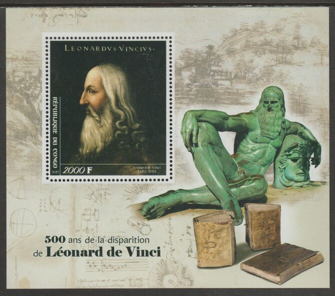 Congo 2019 Leonardo da Vinci 500th Death Anniversary perf sheet containing one value unmounted mint, stamps on personalities, stamps on leonardo da vinci, stamps on arts, stamps on statues