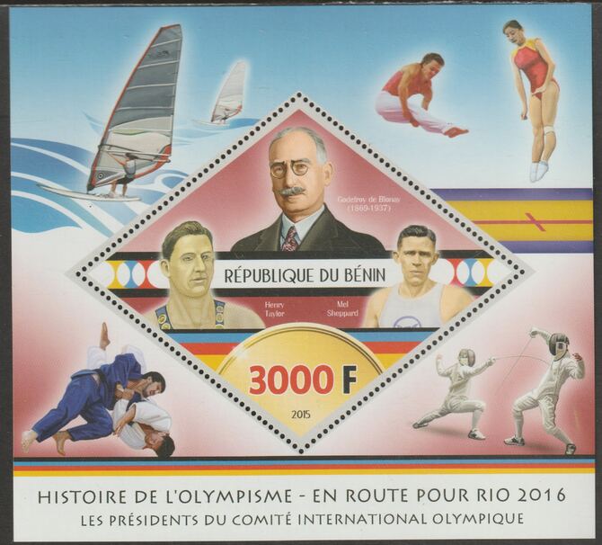 Benin 2015 History of the Olympic Games #3 perf m/sheet containing one diamond shaped value unmounted mint, stamps on shaped, stamps on olympics, stamps on fencing, stamps on judo, stamps on martial arts, stamps on sailing, stamps on diamond, stamps on 