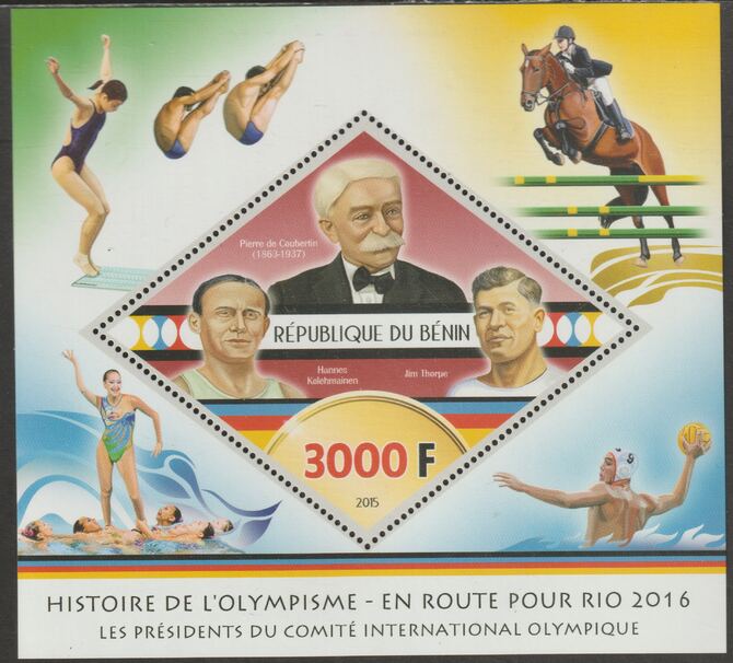 Benin 2015 History of the Olympic Games #5 perf m/sheet containing one diamond shaped value unmounted mint, stamps on shaped, stamps on olympics, stamps on diving, stamps on show jumping, stamps on water polo, stamps on diamond, stamps on 