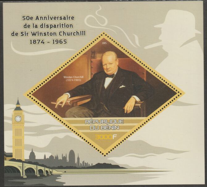Benin 2015 Winston Churchill - 50th Death Anniversary perf m/sheet containing one diamond shaped value unmounted mint, stamps on shaped, stamps on personalities, stamps on churchill, stamps on london, stamps on smoking, stamps on diamond, stamps on 