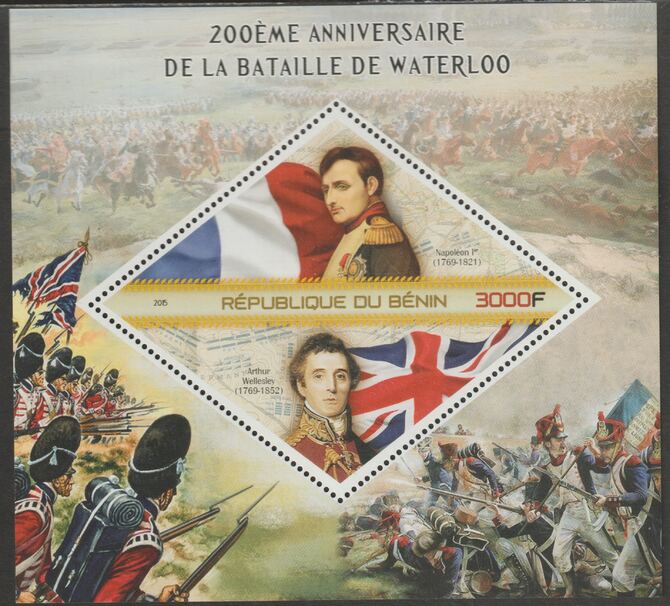 Benin 2015 Battle of Waterloo - 200th Anniversary perf m/sheet containing one diamond shaped value unmounted mint, stamps on , stamps on  stamps on shaped, stamps on  stamps on personalities, stamps on  stamps on napoleon, stamps on  stamps on battles, stamps on  stamps on waterloo, stamps on  stamps on diamond, stamps on  stamps on 