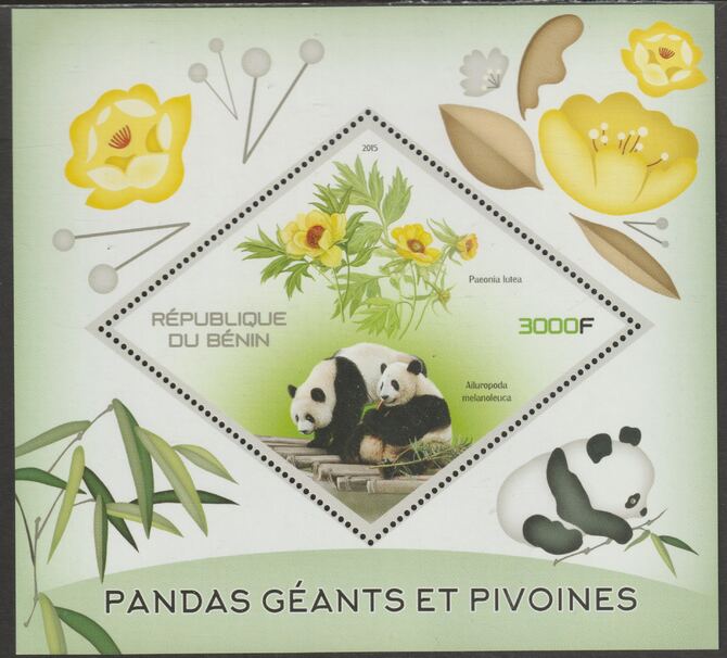 Benin 2015 Pandas & Peonies perf m/sheet containing one diamond shaped value unmounted mint, stamps on shaped, stamps on diamond, stamps on pandas, stamps on animals, stamps on bears, stamps on flowers