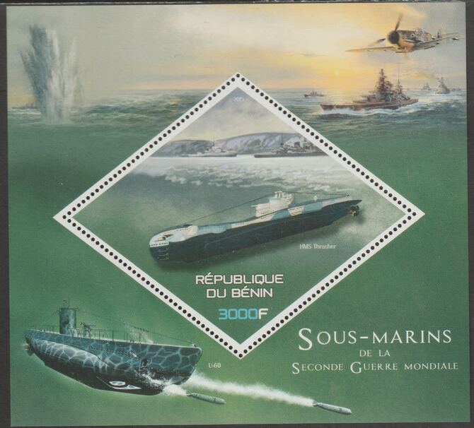 Benin 2015 Submarines perf m/sheet containing one diamond shaped value unmounted mint, stamps on shaped, stamps on diamond, stamps on ships, stamps on submarines, stamps on aviation