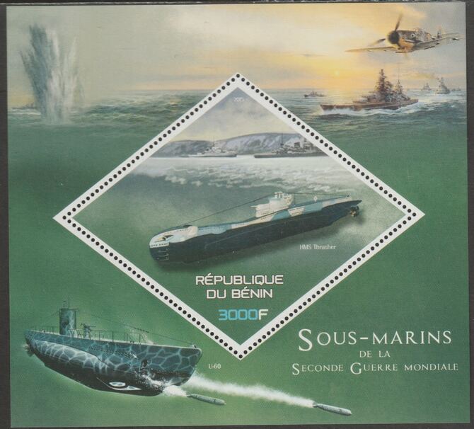 Benin 2015 Submarines perf m/sheet containing one diamond shaped value unmounted mint, stamps on , stamps on  stamps on shaped, stamps on  stamps on diamond, stamps on  stamps on ships, stamps on  stamps on submarines, stamps on  stamps on aviation