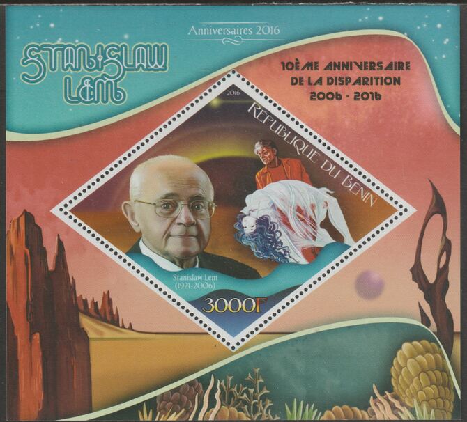 Benin 2016 Stanislaw Lem perf m/sheet containing one diamond shaped value unmounted mint, stamps on shaped, stamps on diamond, stamps on personalities, stamps on  lem , stamps on literature, stamps on sci-fi, stamps on 