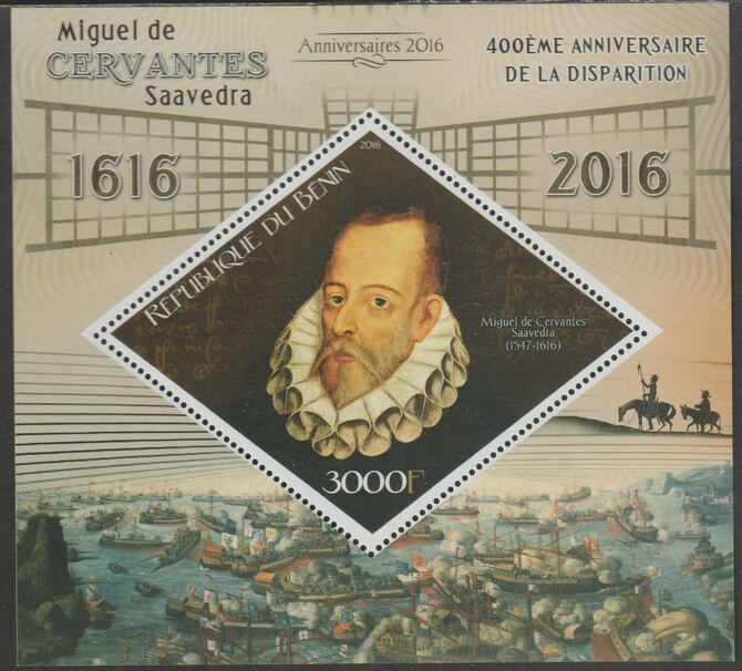 Benin 2016 Miguel de Cervantes perf m/sheet containing one diamond shaped value unmounted mint, stamps on , stamps on  stamps on shaped, stamps on  stamps on diamond, stamps on  stamps on personalities, stamps on  stamps on cervantes, stamps on  stamps on literature, stamps on  stamps on 