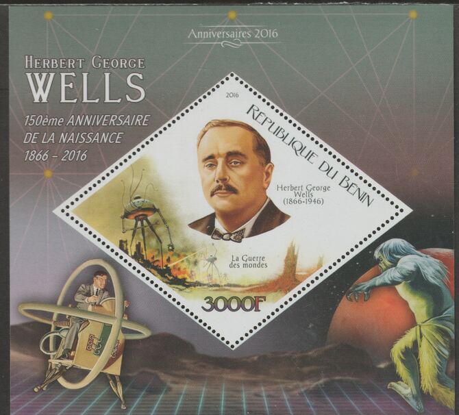 Benin 2016 H G Wells perf m/sheet containing one diamond shaped value unmounted mint, stamps on shaped, stamps on diamond, stamps on personalities, stamps on wells , stamps on literature, stamps on sci-fi, stamps on 