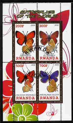 Rwanda 2010 Butterflies of the World #2 perf sheetlet containing 4 values fine cto used, stamps on butterflies