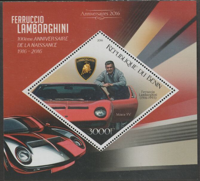 Benin 2016 Ferruccio Lamborghini perf m/sheet containing one diamond shaped value unmounted mint, stamps on , stamps on  stamps on shaped, stamps on  stamps on diamond, stamps on  stamps on personalities, stamps on  stamps on lamborghini, stamps on  stamps on cars