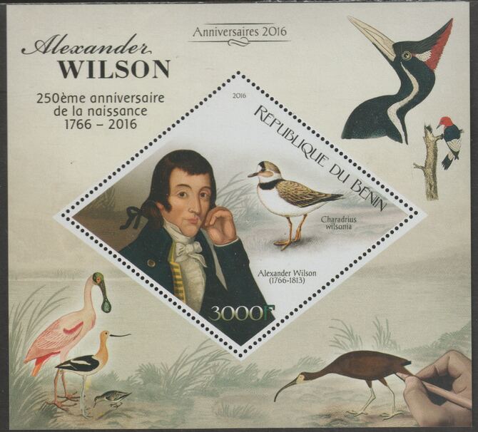Benin 2016 Alexander Wilson perf m/sheet containing one diamond shaped value unmounted mint, stamps on shaped, stamps on diamond, stamps on personalities, stamps on wilson, stamps on birds