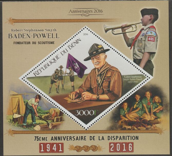 Benin 2016 Baden Powell perf m/sheet containing one diamond shaped value unmounted mint, stamps on , stamps on  stamps on shaped, stamps on  stamps on diamond, stamps on  stamps on personalities, stamps on  stamps on powell, stamps on  stamps on scouts