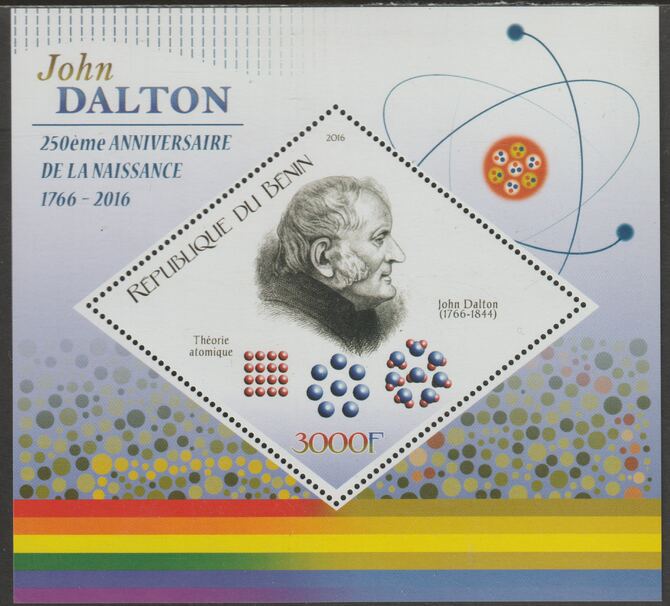 Benin 2016 John Dalton perf m/sheet containing one diamond shaped value unmounted mint, stamps on , stamps on  stamps on shaped, stamps on  stamps on diamond, stamps on  stamps on personalities, stamps on  stamps on dalton, stamps on  stamps on physics, stamps on  stamps on chemistry