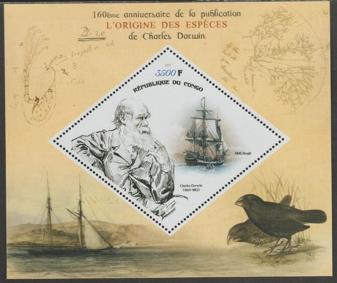 Congo 2019 Charles Darwin perf m/sheet containing one diamond shaped value unmounted mint, stamps on , stamps on  stamps on shaped, stamps on  stamps on diamond, stamps on  stamps on personalities, stamps on  stamps on darwin, stamps on  stamps on ships, stamps on  stamps on birds