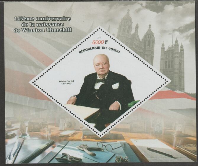 Congo 2019 Winston Churchill perf m/sheet containing one diamond shaped value unmounted mint, stamps on , stamps on  stamps on shaped, stamps on  stamps on diamond, stamps on  stamps on personalities, stamps on  stamps on churchill, stamps on  stamps on london
