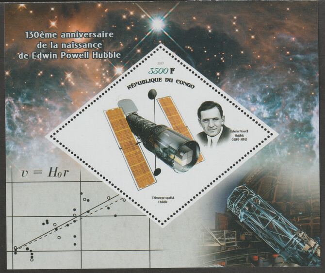 Congo 2019 Edwin Hubble perf m/sheet containing one diamond shaped value unmounted mint, stamps on , stamps on  stamps on shaped, stamps on  stamps on diamond, stamps on  stamps on personalities, stamps on  stamps on hubble, stamps on  stamps on space, stamps on  stamps on telescopes