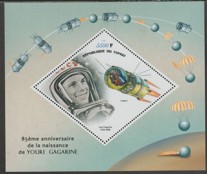 Congo 2019 Yuri Gagarin perf m/sheet containing one diamond shaped value unmounted mint, stamps on , stamps on  stamps on shaped, stamps on  stamps on diamond, stamps on  stamps on personalities, stamps on  stamps on gagarin, stamps on  stamps on space, stamps on  stamps on parachutes