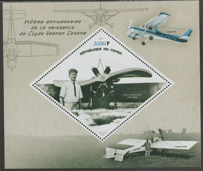 Congo 2019 Clyde Cessna perf m/sheet containing one diamond shaped value unmounted mint, stamps on shaped, stamps on diamond, stamps on personalities, stamps on cessna, stamps on aviation