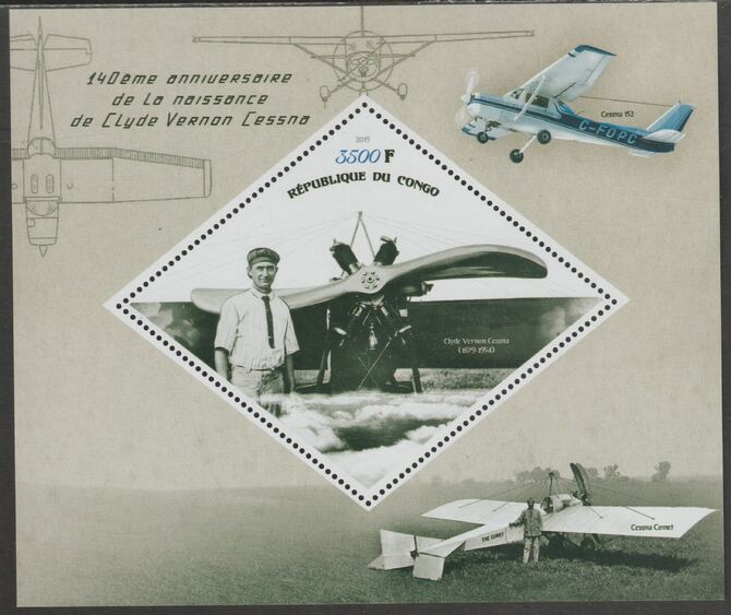 Congo 2019 Clyde Cessna perf m/sheet containing one diamond shaped value unmounted mint, stamps on , stamps on  stamps on shaped, stamps on  stamps on diamond, stamps on  stamps on personalities, stamps on  stamps on cessna, stamps on  stamps on aviation