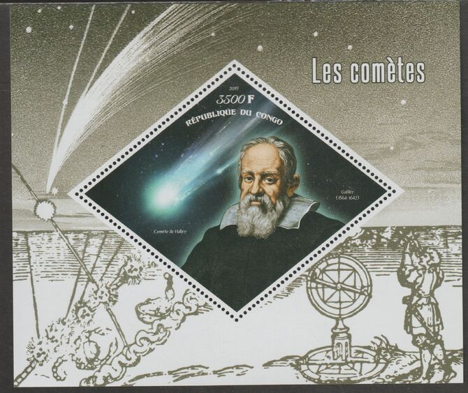 Congo 2019 Galileo & Comets perf m/sheet containing one diamond shaped value unmounted mint, stamps on shaped, stamps on diamond, stamps on space, stamps on galileo, stamps on comets