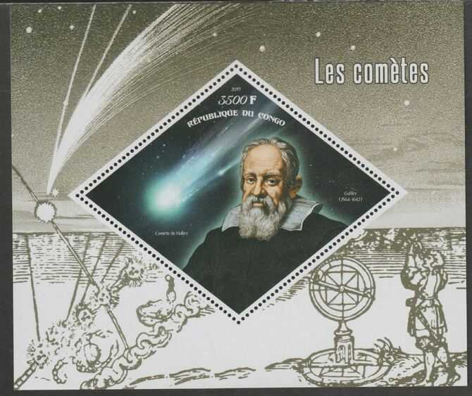 Congo 2019 Galileo & Comets perf m/sheet containing one diamond shaped value unmounted mint, stamps on , stamps on  stamps on shaped, stamps on  stamps on diamond, stamps on  stamps on space, stamps on  stamps on galileo, stamps on  stamps on comets