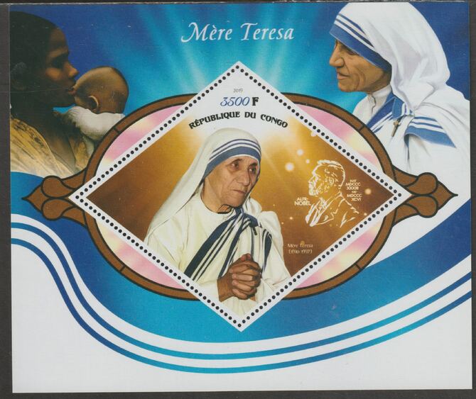 Congo 2019 Mother Teresa perf m/sheet containing one diamond shaped value unmounted mint, stamps on , stamps on  stamps on shaped, stamps on  stamps on diamond, stamps on  stamps on personalities, stamps on  stamps on teresa, stamps on  stamps on nobel