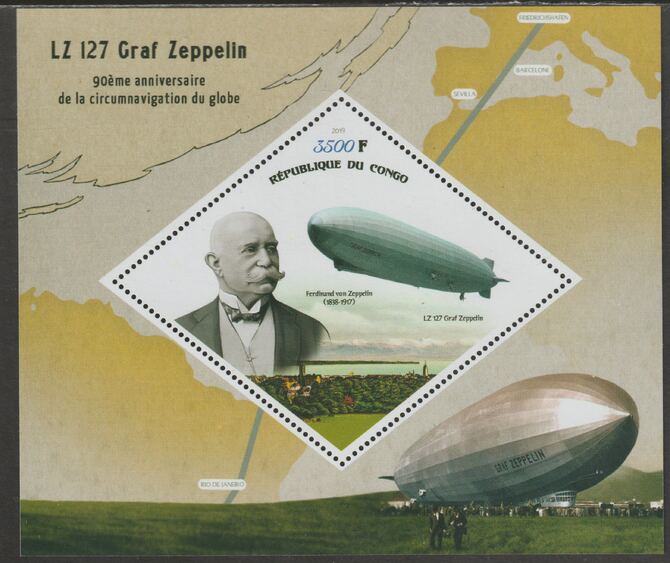 Congo 2019 Graf Zeppelin perf m/sheet containing one diamond shaped value unmounted mint, stamps on shaped, stamps on diamond, stamps on zeppelins, stamps on aviation, stamps on airships