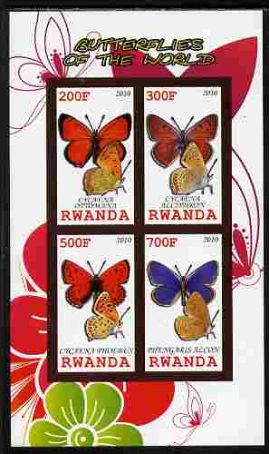 Rwanda 2010 Butterflies of the World #2 imperf sheetlet containing 4 values unmounted mint, stamps on , stamps on  stamps on butterflies