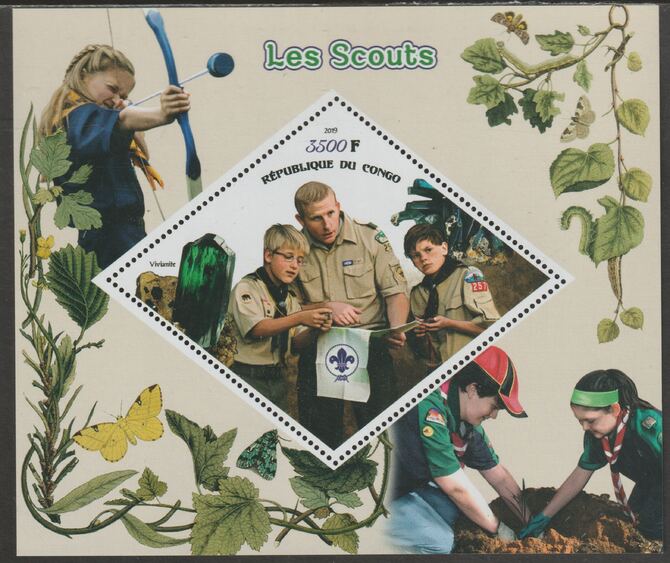 Congo 2019 Scouting perf m/sheet containing one diamond shaped value unmounted mint, stamps on shaped, stamps on diamond, stamps on scouts, stamps on archery