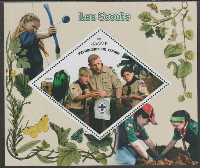 Congo 2019 Scouting perf m/sheet containing one diamond shaped value unmounted mint, stamps on , stamps on  stamps on shaped, stamps on  stamps on diamond, stamps on  stamps on scouts, stamps on  stamps on archery