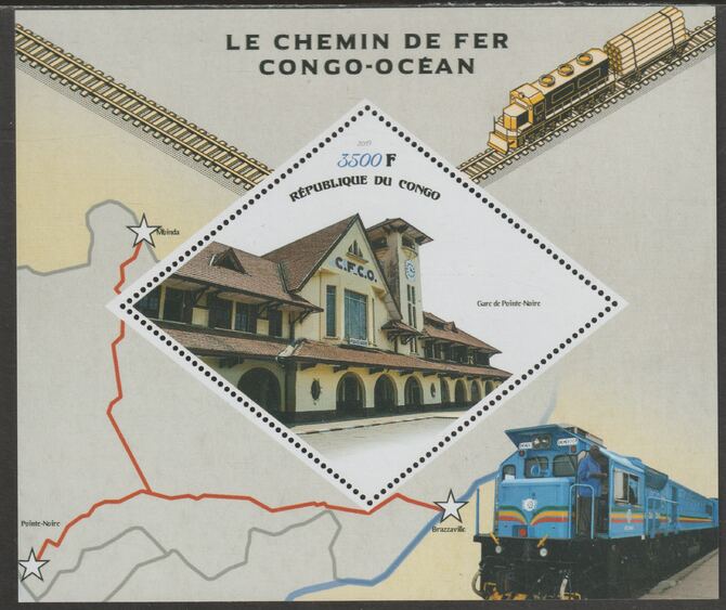 Congo 2019 Congo Ocean Railway perf m/sheet containing one diamond shaped value unmounted mint, stamps on , stamps on  stamps on shaped, stamps on  stamps on diamond, stamps on  stamps on railways