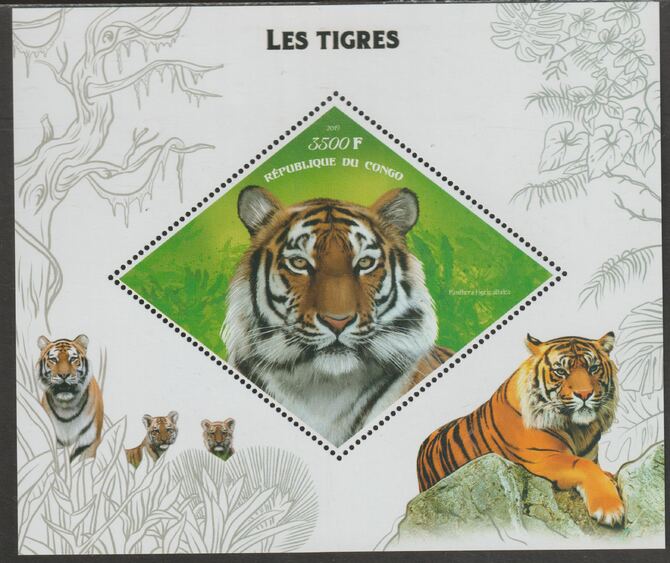 Congo 2019 Tigers perf m/sheet containing one diamond shaped value unmounted mint, stamps on , stamps on  stamps on shaped, stamps on  stamps on diamond, stamps on  stamps on cats, stamps on  stamps on tigers, stamps on  stamps on animals