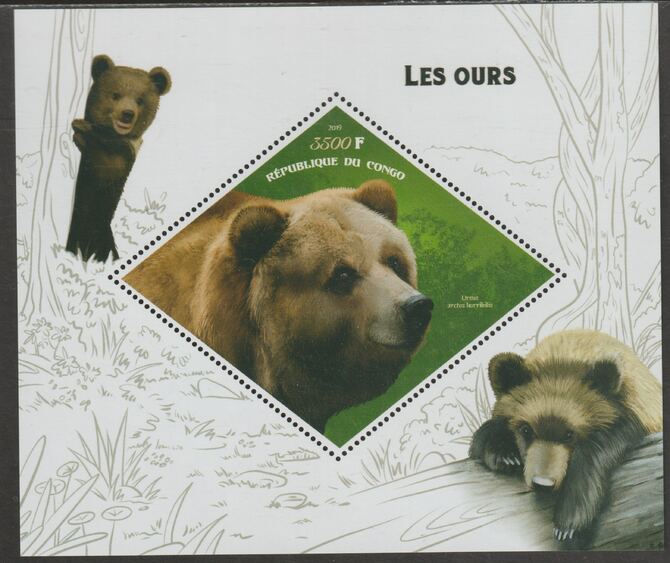 Congo 2019 Bears perf m/sheet containing one diamond shaped value unmounted mint, stamps on shaped, stamps on diamond, stamps on animals, stamps on bears